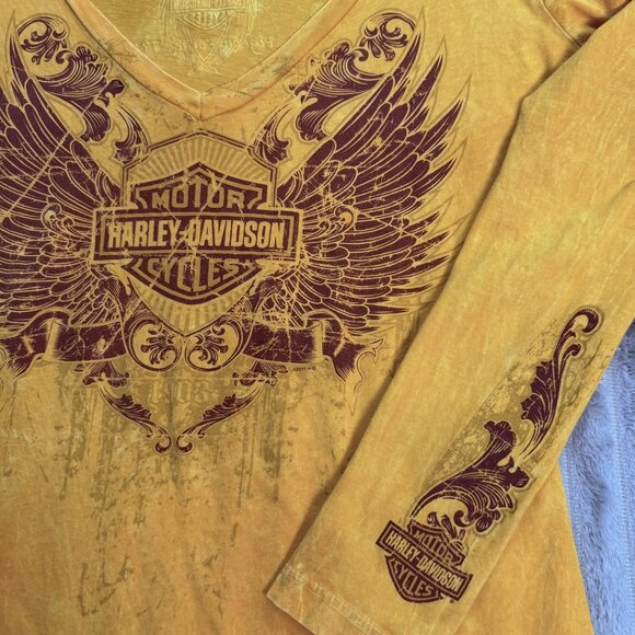 Harley-Davidson Shirt‎ Womens L Gold V-Neck Long Sleeve Smoky Mtn Pigeon Forge - Picture 5 of 11